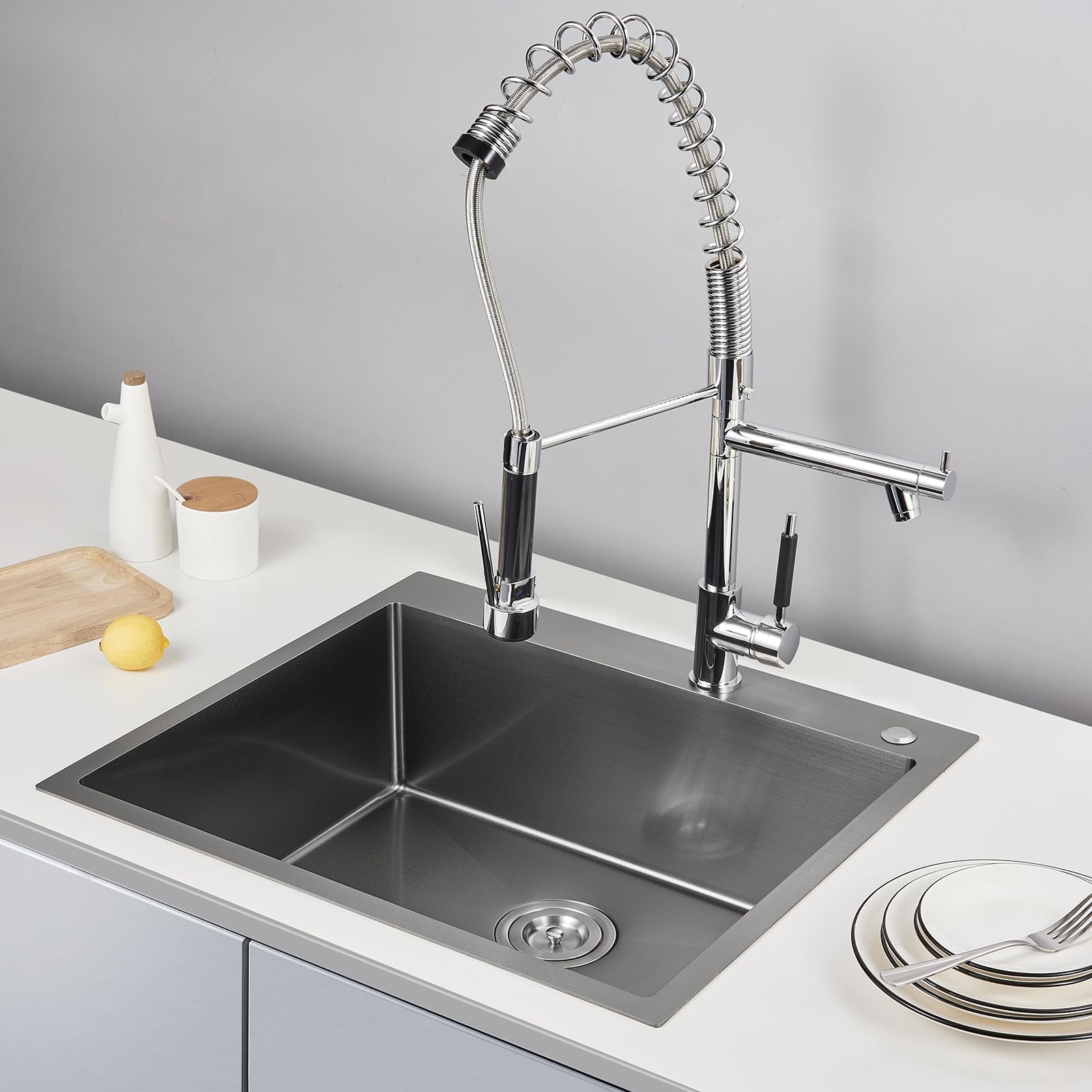 Popfly 25X22 Inch Drop In Black Kitchen Sink, 25 Inch Top Mount 9 Inch Deep Single Bowl Laundry Utility Stainless Steel Outdoor