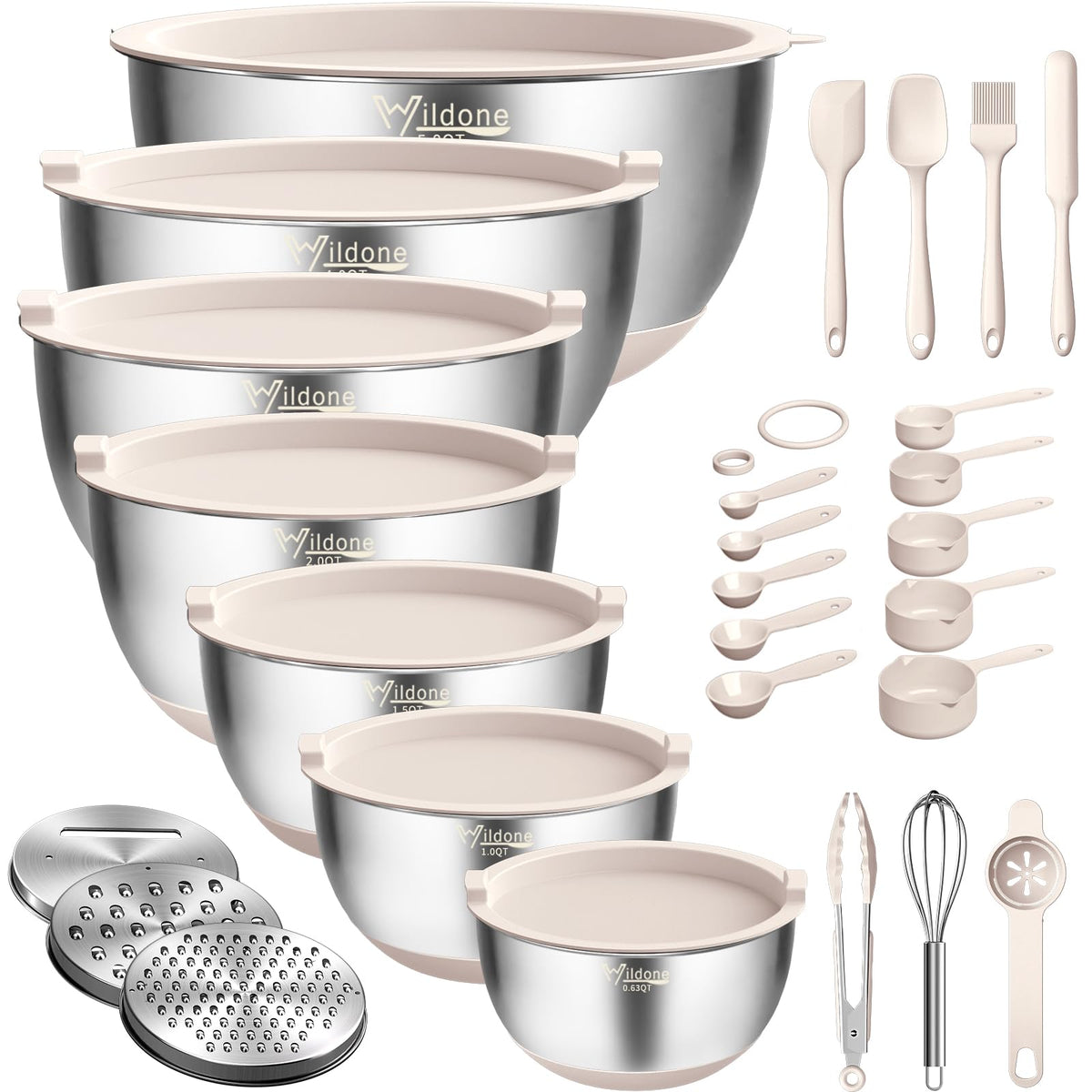 Wildone Mixing Bowls With Airtight Lids, 27 Pcs Stainless Steel Nesting Bowls, With 3 Grater Attachments, Scale Mark & Non-Slip