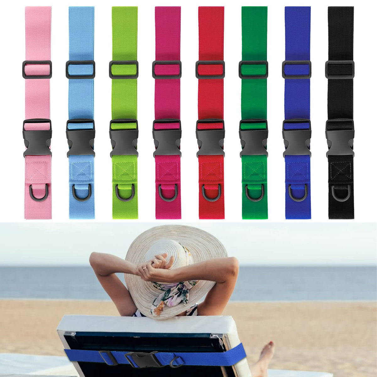 8 Pack Towel Bands Beach Towel Clips, Beach Towel Bands Stretchable Towel Clips For Beach Chairs Cruise Essentials (Buckle Style
