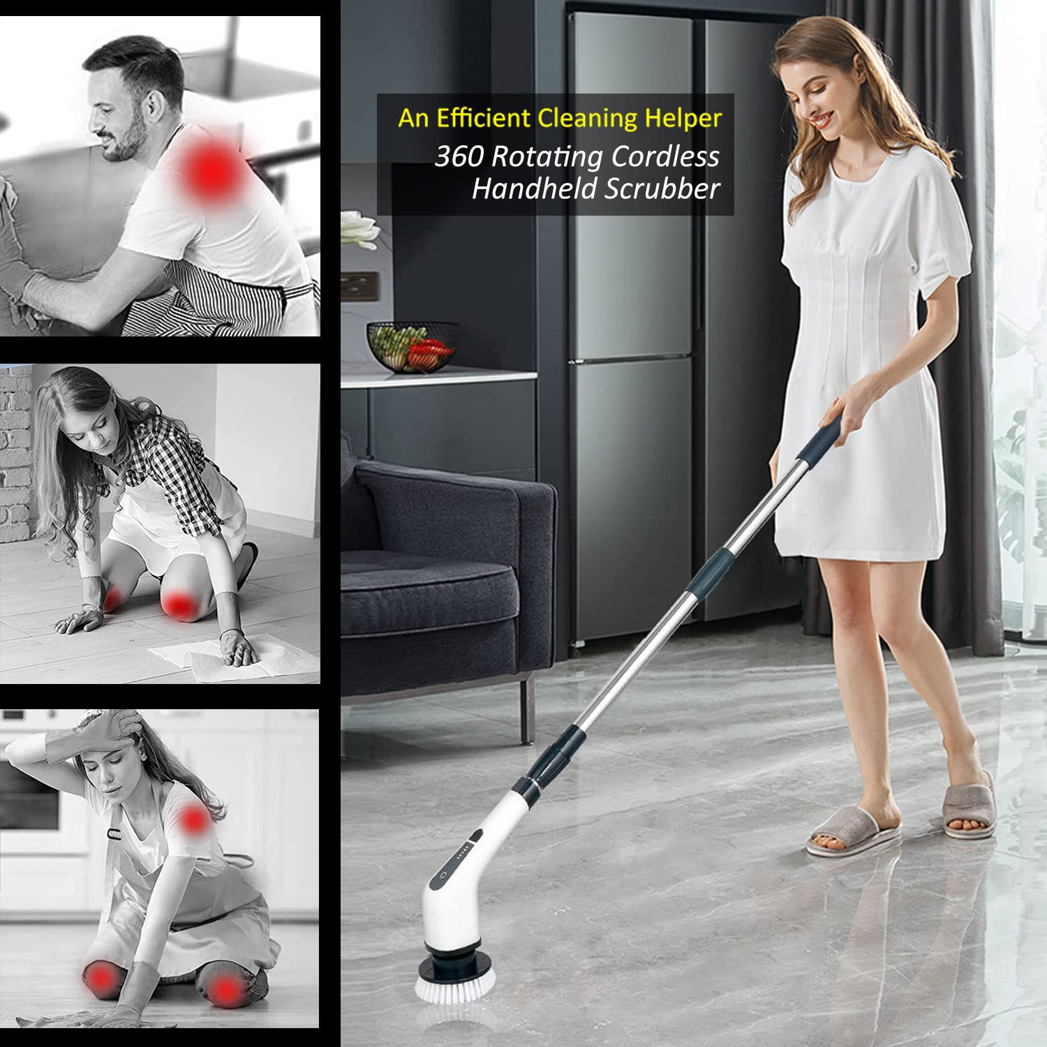 ZLPMARY Electric Spin Scrubber  Cordless Bath Tub Power Scrubber with 8 Replaceable Drill Brush Heads  Shower Cleaning Brush with Adjustable Handle for Bathroom  Tile Floor & Car  White  (ANS-8050)