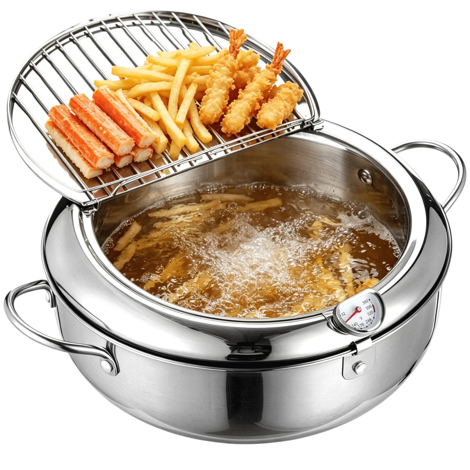 Deep Fryer Pot,4.2L/4.4Qt Stainless Steel Deep Frying Pan,Japanese Tempura Frying Pot with Thermometer,Lid and Oil Drip Rack,Lar