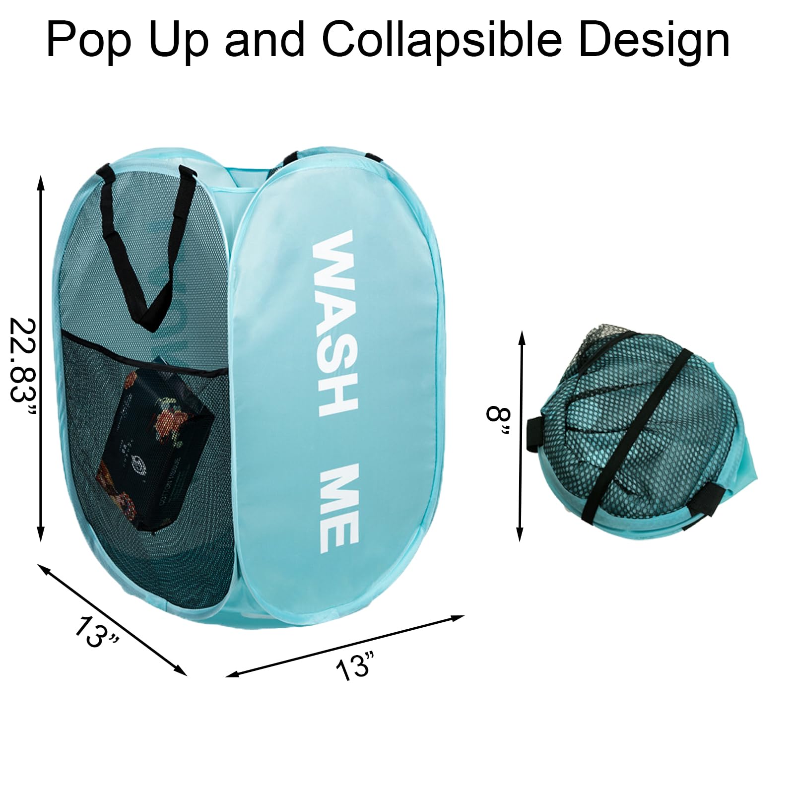 Aplter Mesh Pop Up Laundry Hamper With Handles, Collapsible Laundry Basket Side Pocket Kids Dirty Clothes Hamper (Sky Blue)