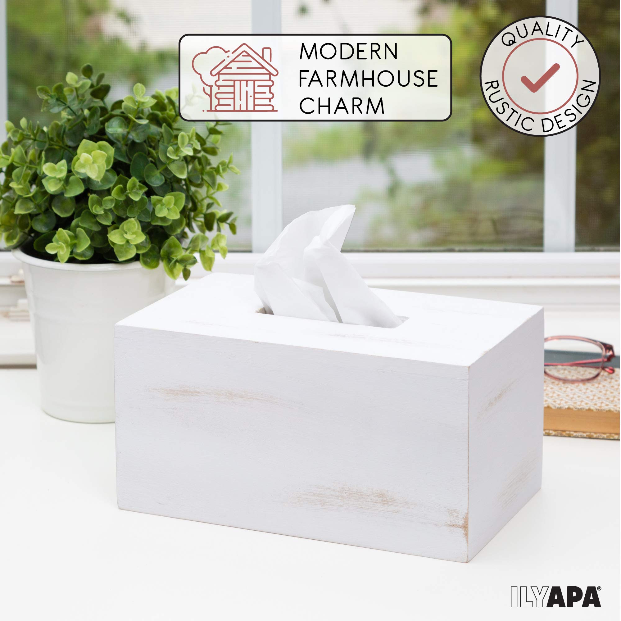 Ilyapa Wood Tissue Box Cover Rectangular - Rustic Farmhouse White Wooden Tissue Holder