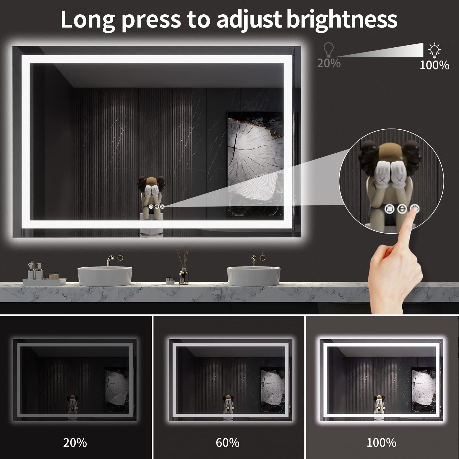 Loaao 60X40 Led Bathroom Mirror With Lights, Anti-Fog, Dimmable, Backlit + Front Lit, Lighted Bathroom Vanity Mirror For Wall, M