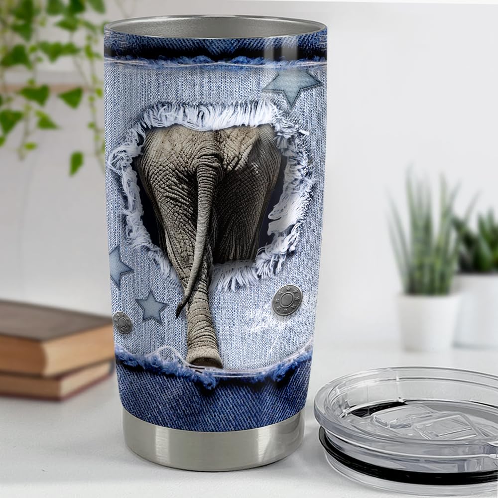 Sandjest Elephant Tumbler 20Oz Stainless Steel Insulated Tumblers Coffee Travel Mug Cup Jeans Drawing Style Elephants Gifts For