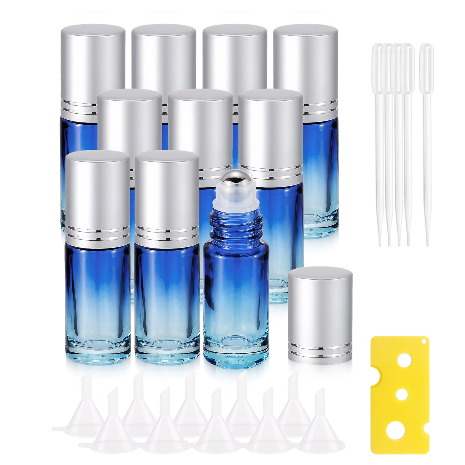 Jiuwu 10Pcs Roller Bottles 5Ml Essential Oil Glass Blue Gradient Silver Screw Cap Bottle With Roller Ball For Perfume Vials (1 O
