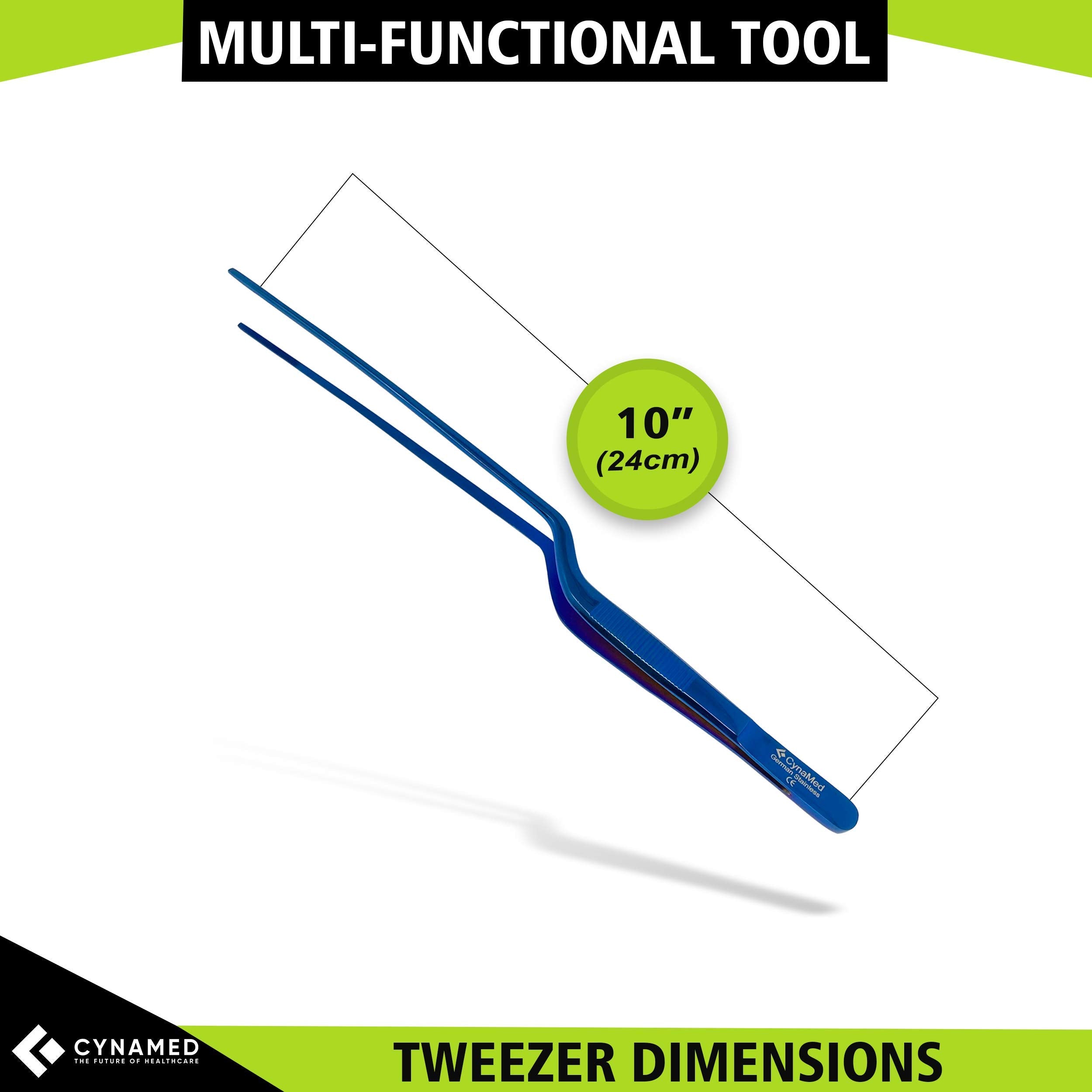 Cynamed 10    Kitchen Premium Tongs Tweezers Stainless Steel, Long With Precision Serrated Tips (Blue, Bayonet)