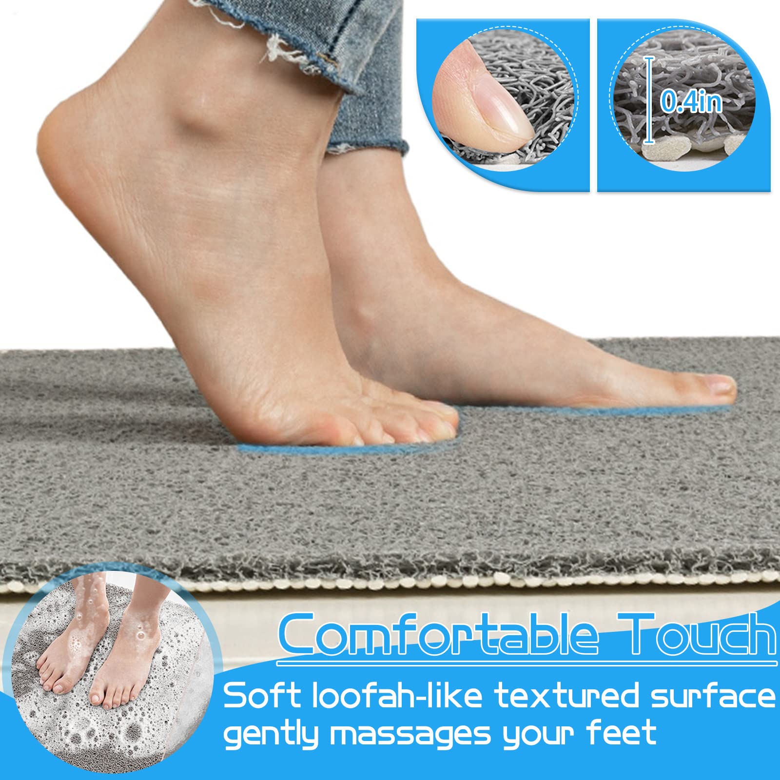 Oxtail Bathtub Mat Non Slip Shower Soft Pvc Loofah Bath Tub Mats For Bathroom 16''X40'', Grey