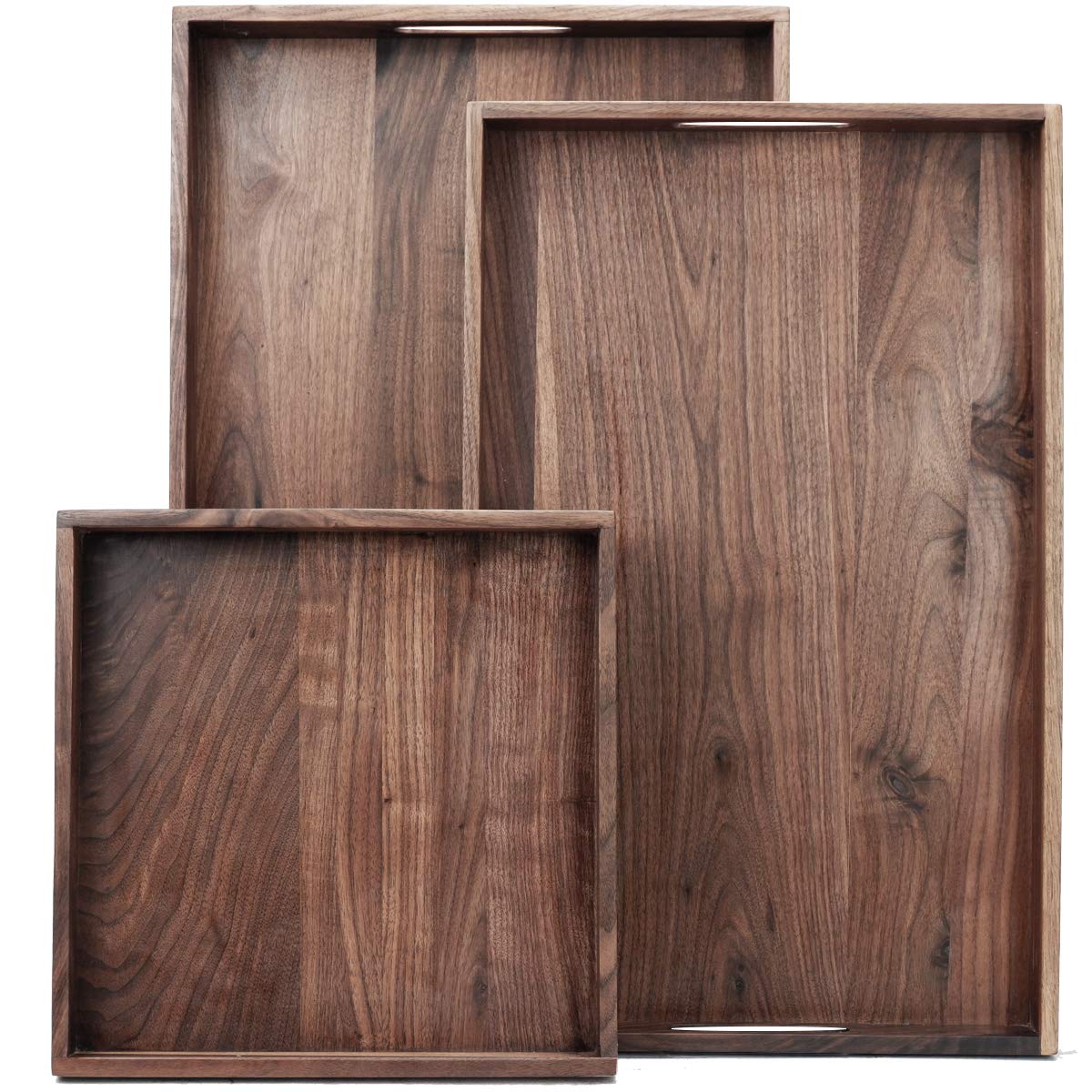 Magigo Set Of 3 Large Solid Black Walnut Wood Ottoman Tray With Handles, Serve Tea, Coffee Or Breakfast In Bed, Classic Wooden D