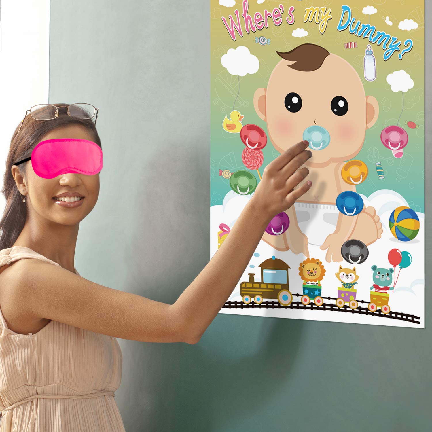 FEPITO Baby Shower Party Games Juegos para Baby Shower Pin The Dummy on The Baby Game with 24Pcs Pacifier Stickers for Baby Shower Party Supplies