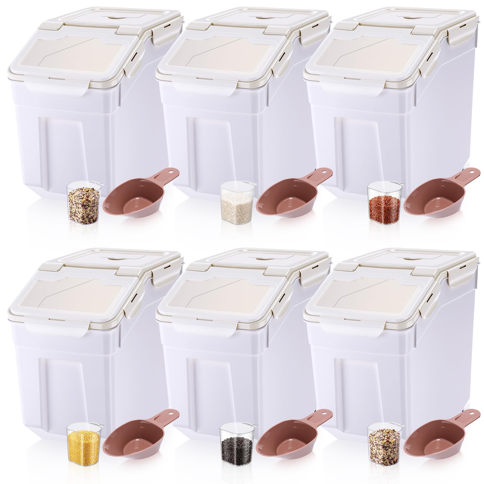 Sunnyray 6 Pcs 55 Lbs Rice Flour Storage Bins with Wheels, Beige