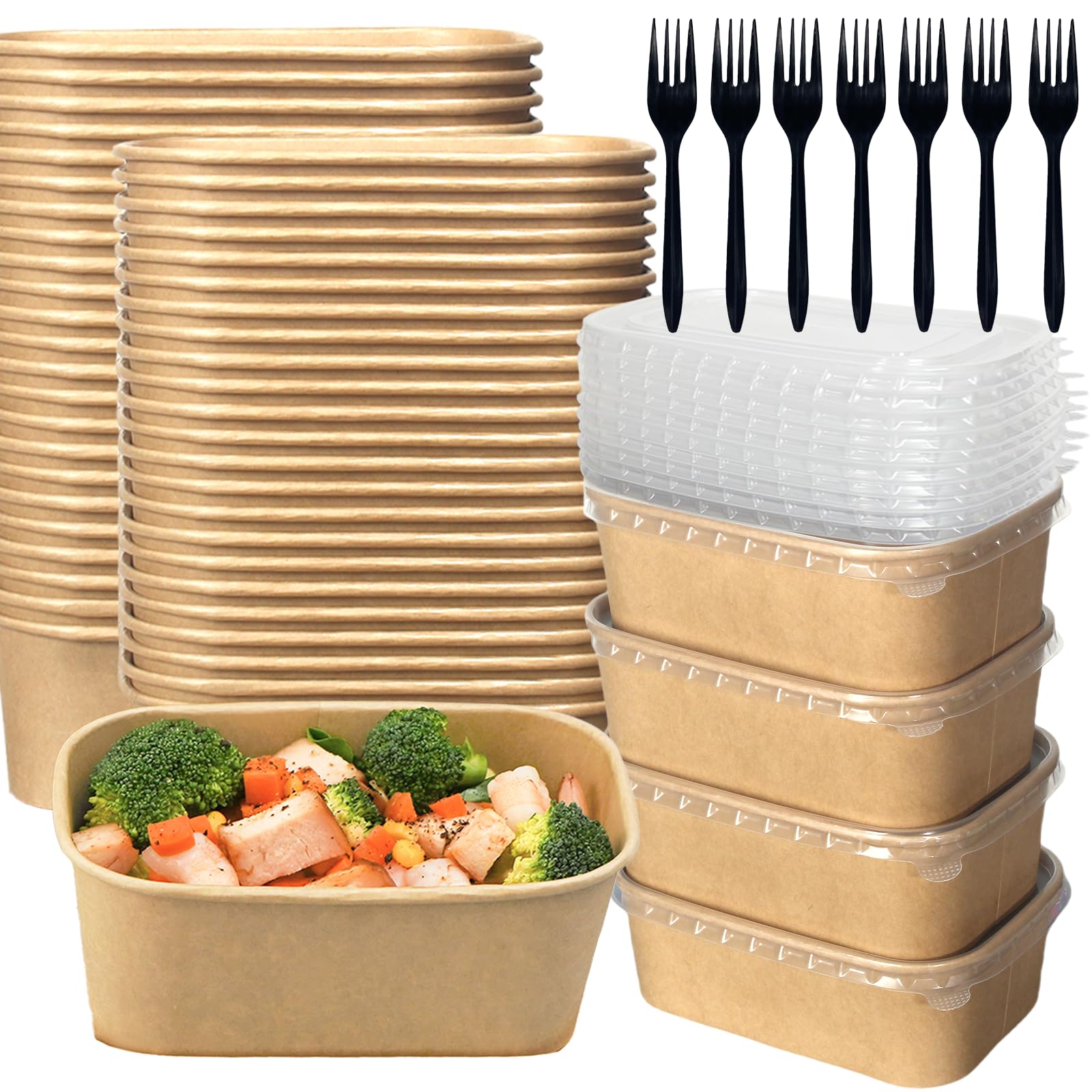 FISDEN 50 Pack 25oz Kraft Paper Square Bowls