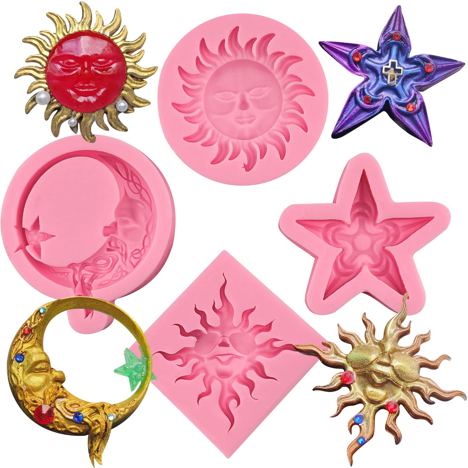 Greek Sun God Fondant Molds 4Pcs, Moon Star Cake Decorating Silicone Molds, Chocolate Candy Clay Molds For Cupcake Toppers, Resi