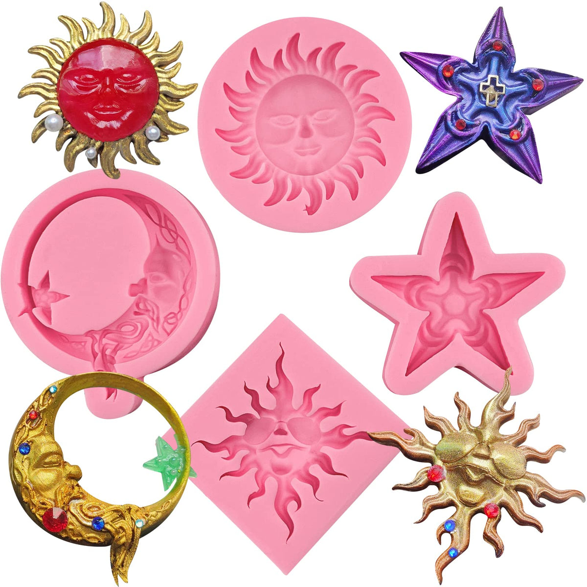 Greek Sun God Fondant Molds 4Pcs, Moon Star Cake Decorating Silicone Molds, Chocolate Candy Clay Molds For Cupcake Toppers, Resi