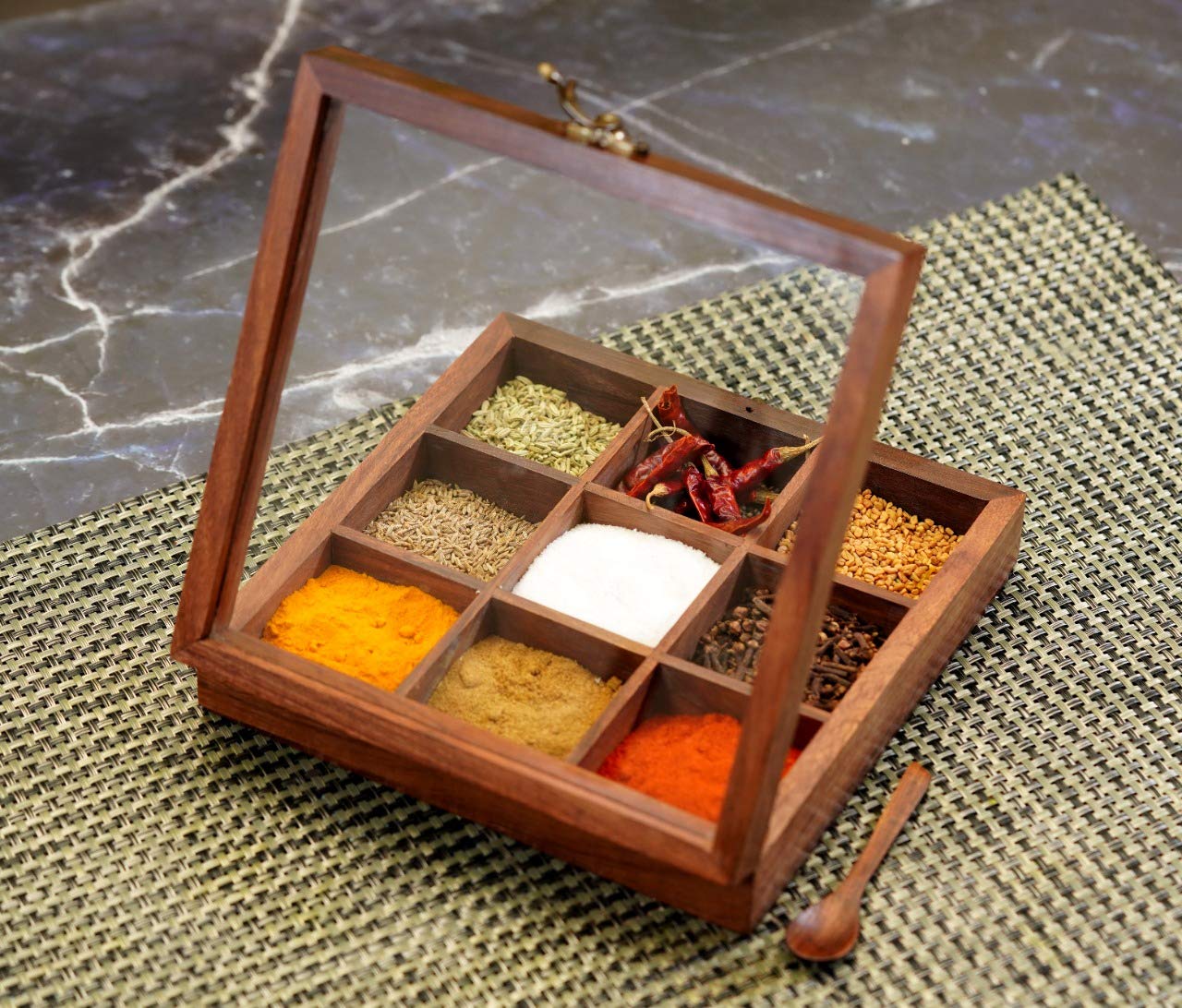 Yourowndcor Sheesham Multipurpose Wooden Table Top Masala Dabba Containers Jars Cum Kitchen Spice Box With Spoon (Brown) (9 Part