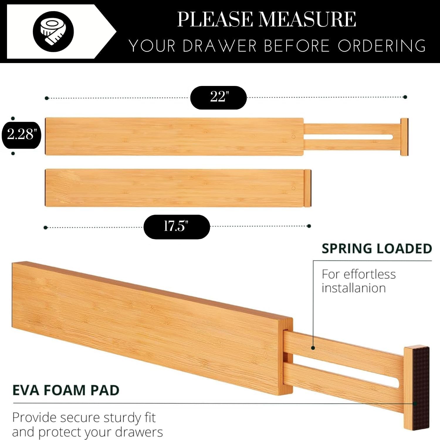 LUXVIOR Expandable Bamboo Drawer Dividers 8 pack with labels(17.5''-22'') Drawer Organizer for Kitchen, Clothes,Utensils,Silverw