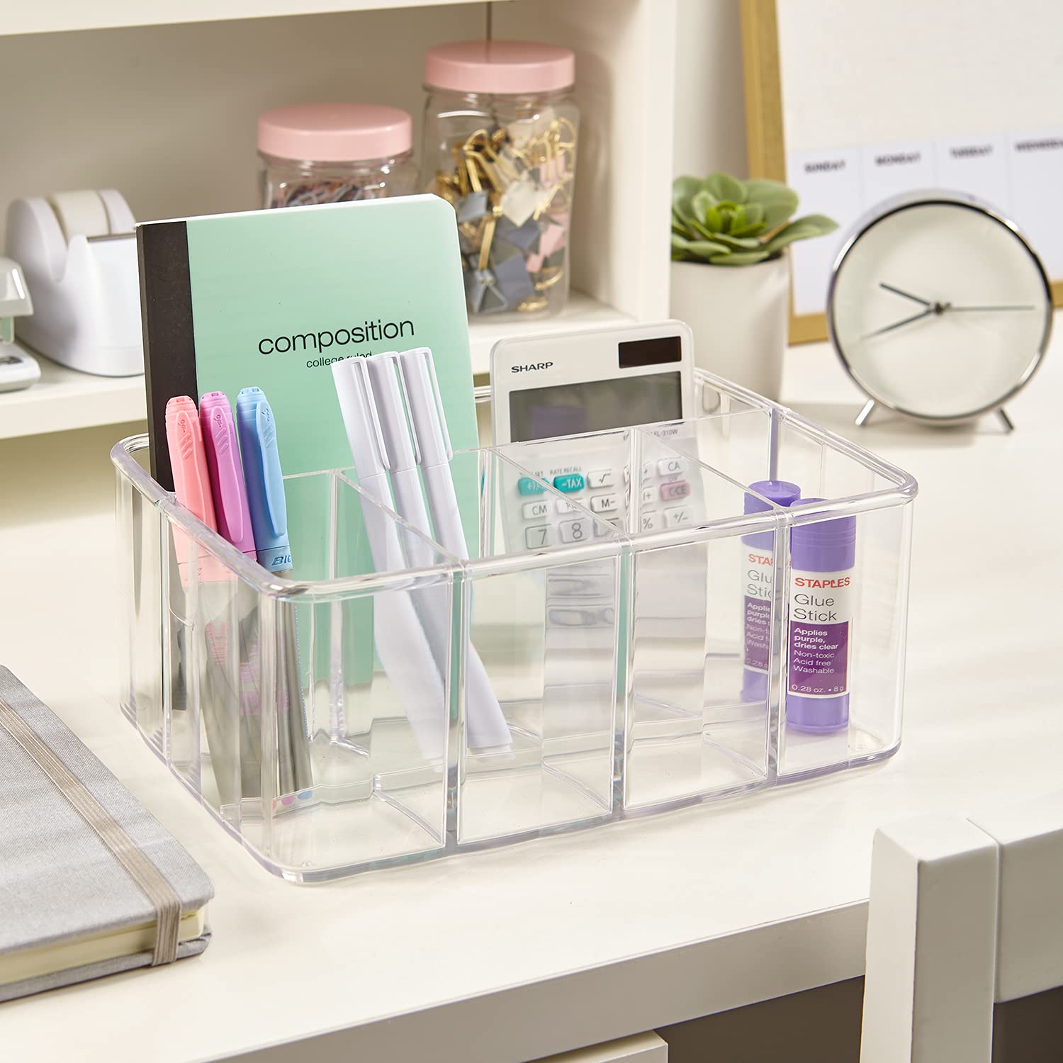 Stori 5-Compartment Clear Plastic Organizer | Rectangular Divided Makeup And Vanity Storage Bin And Office Desk Caddy | Scallope