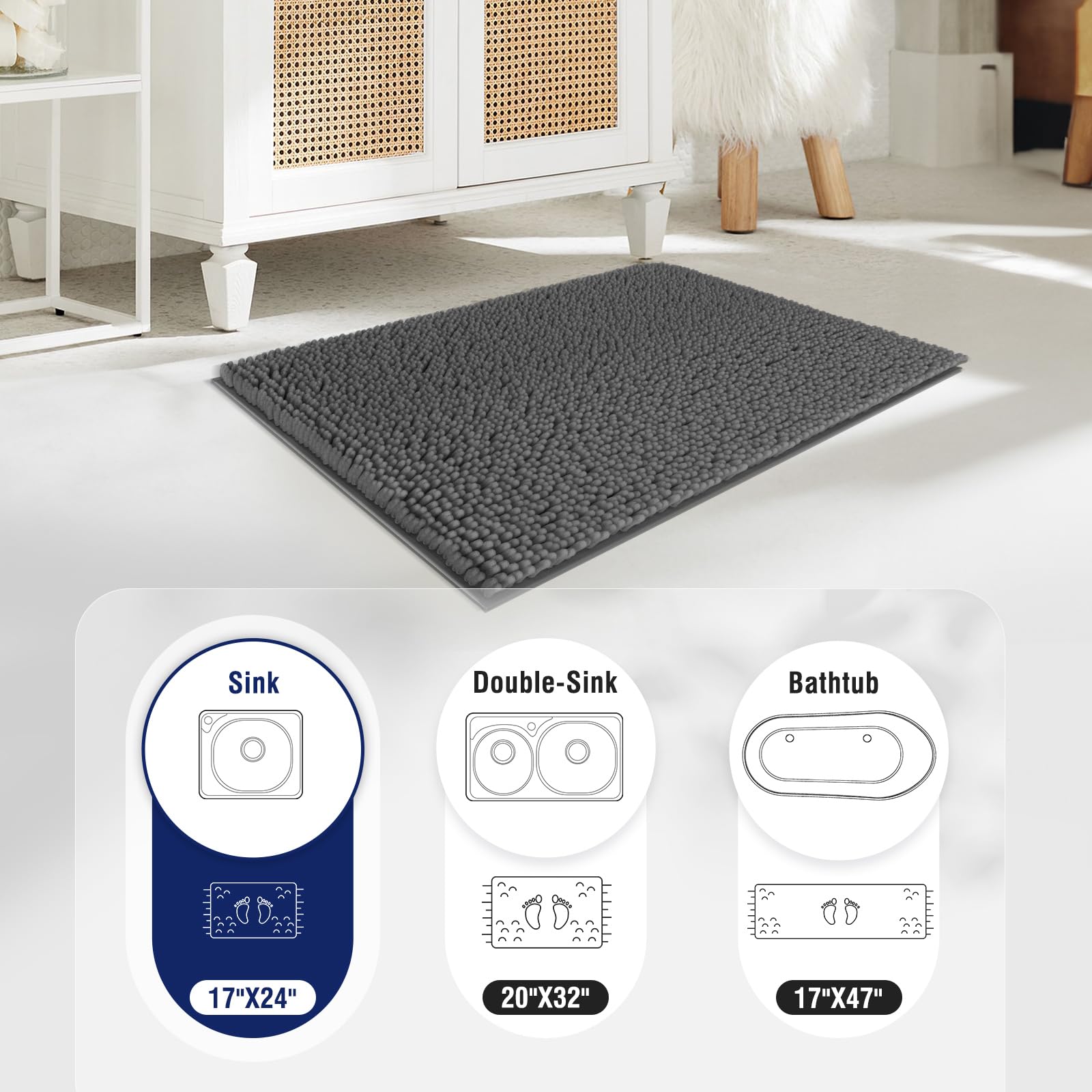 TECHMILLY Soft Fluffy Chenille Bathroom Rugs  Non Slip Absorbent Bath Mats for Bathroom  Washable and Quick Dry  Grey  17'' x 24''