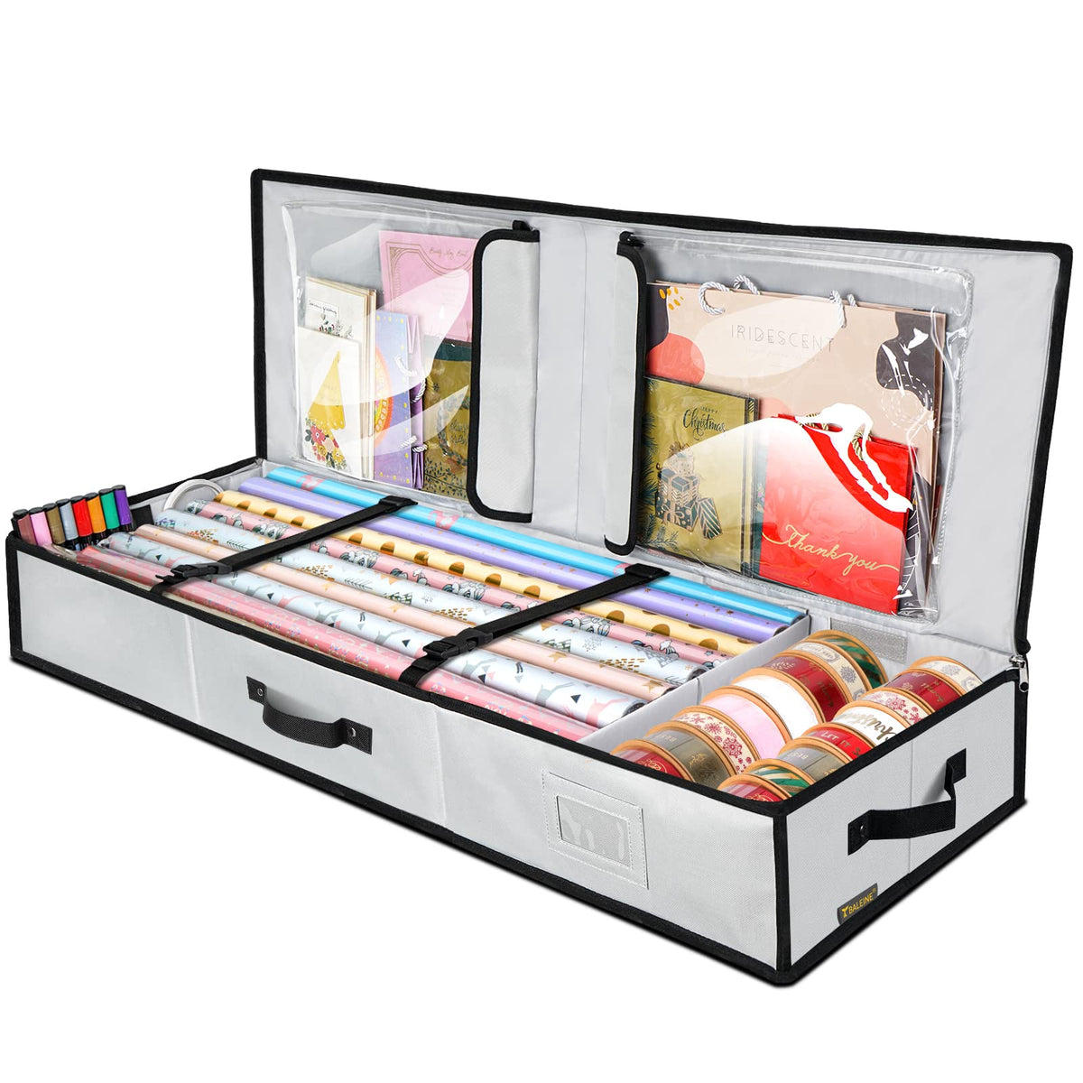 Baleine Christmas Wrapping Paper Storage Organizer With Flexible Partitions And Pockets, 40'' Durable 600D Oxford Fabric Gift Wr