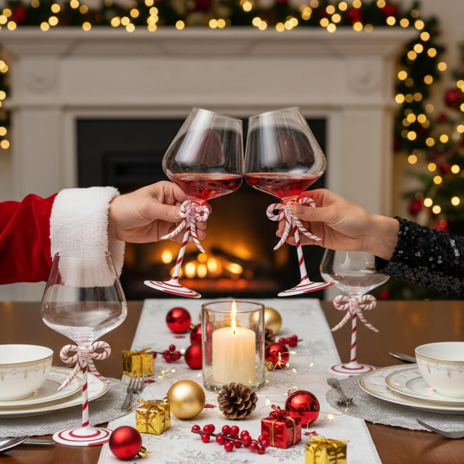 Khen Christmas Candy Cane Bow Wine Glasses - Set of 2
