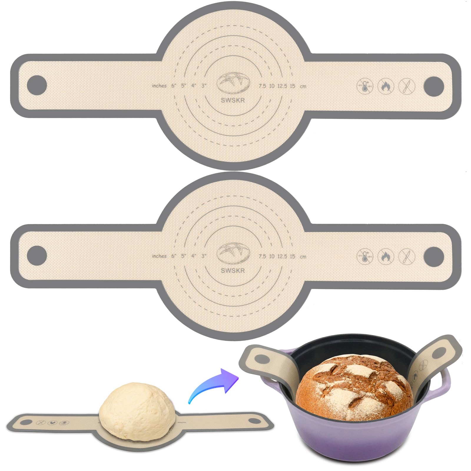Silicone Bread Sling for Dutch Oven, 2 Pack 8.3 Non-Stick & Odor-Free Baking Mat Set, Anti-slip Reusable Bread Sling with Long H