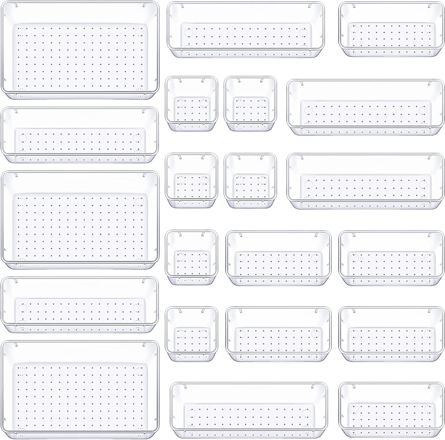 Zollyss Bathroom Drawer Tray Dividers Plastic Vanity Organizers Storage Bins for Makeup Dresser Tray, Clear (21 Pcs)