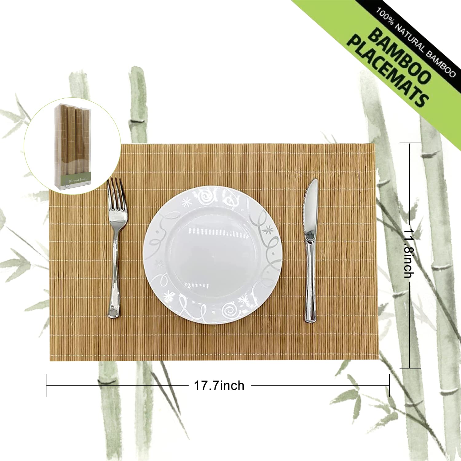 Andstar Set Of 8 Pcs Bamboo Placemats Sushi Rolling Mat Japanese Style Natural Anti-Slip, Washable Heat-Resistant Table Mats For