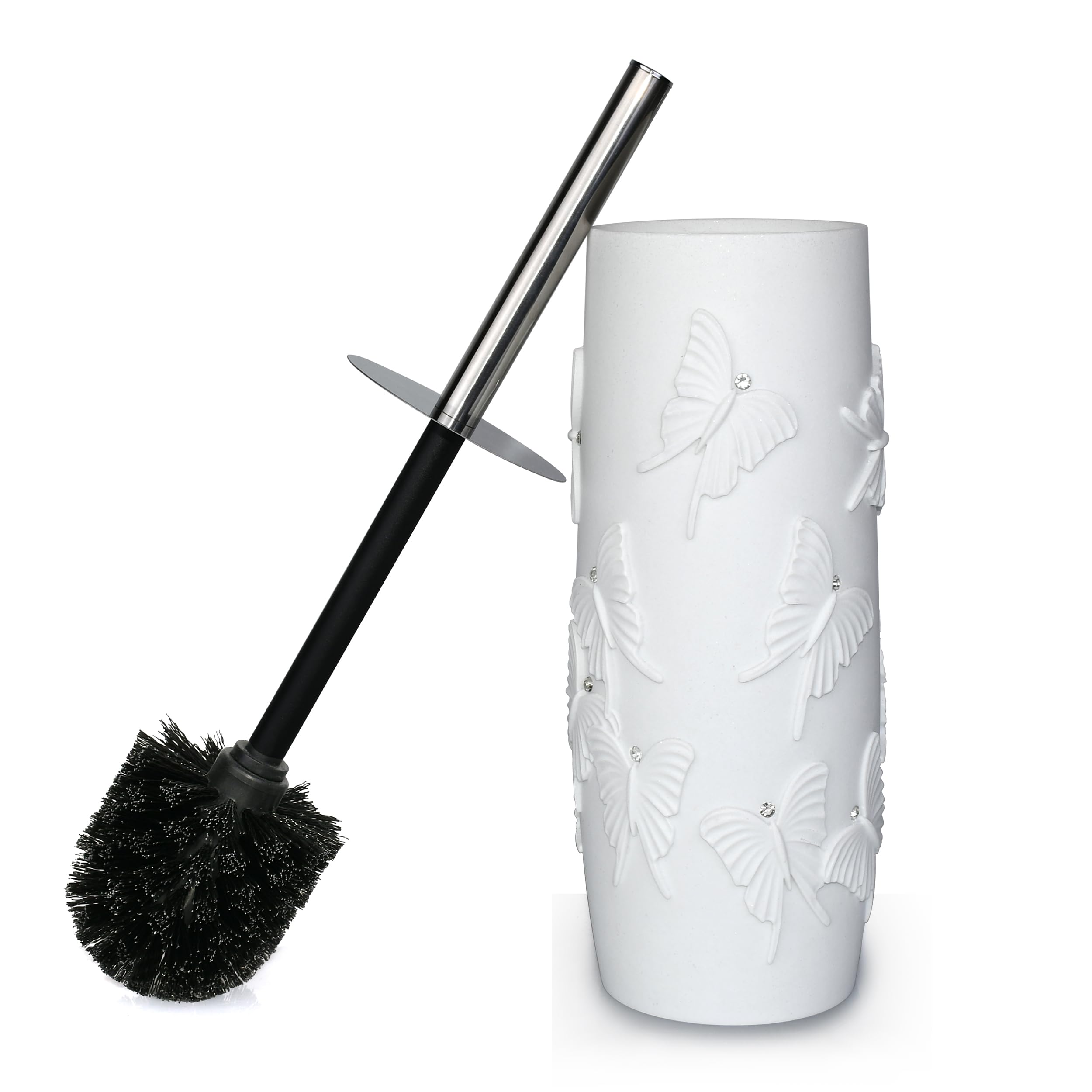 Indecor Home White Butterfly with Rhinestone Design Resin Toilet Holder and Brush Set, Elegant Bathroom Cleaning Tool with Durab