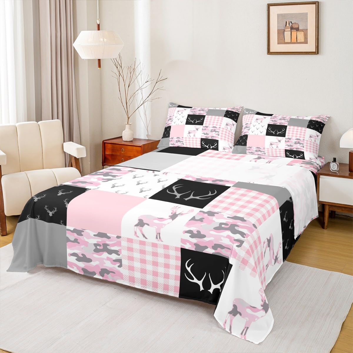 Manfei Pink Camouflage Sheet Set Twin Size, Wild Animal Deer Antlers Bed Sheet Set 3Pcs With Deep Pocket Fitted Sheet + Flat She