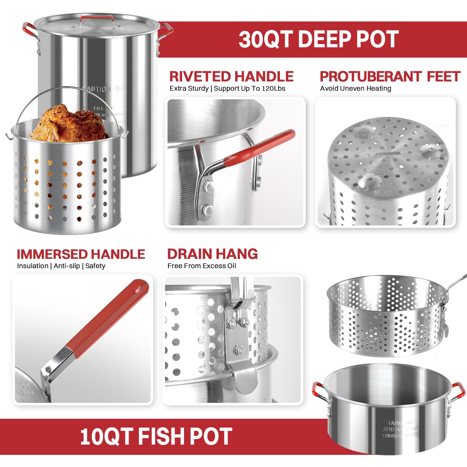 30Qt & 10Qt Outdoor Fryer | Turkey Deep Fryer | Seafood Boil Pot | Cover & Skimmer Included | 50,000Btu Propane Burner | Aluminu