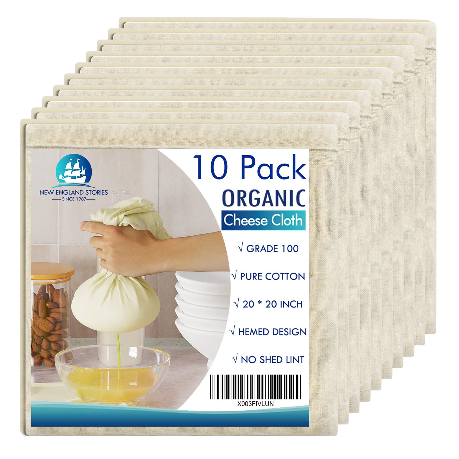 10 Pcs Reusable Cheesecloth, Grade 100, 20X20 Inch Hemmed Organic Cheese Cloth For Straining Craft, 100% Cotton Unbleached Cloth