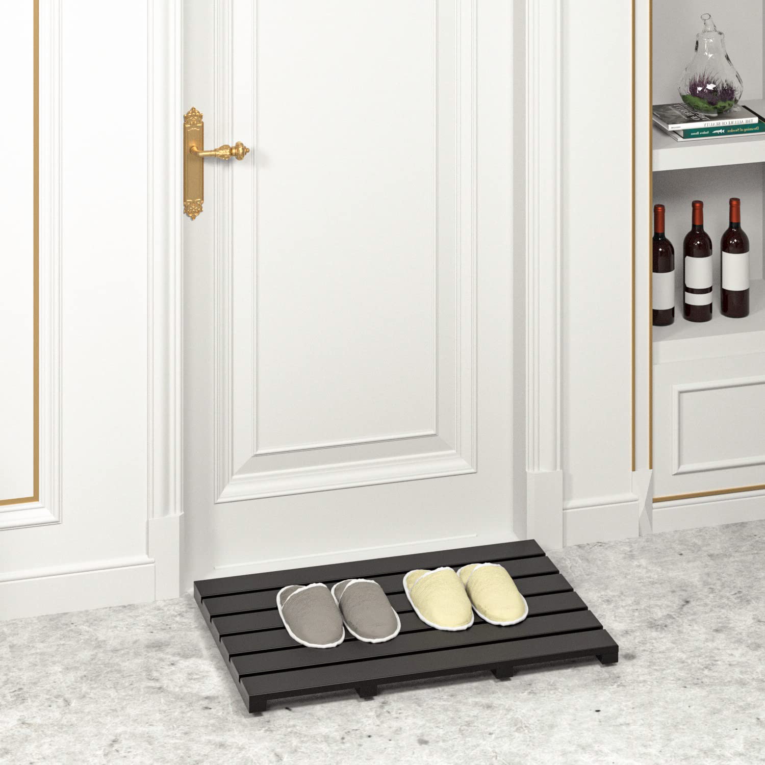 Bath Mat For Bathroom Luxury Shower - Non-Slip Bamboo Wooden Waterproof Floor Mat For Indoor Or Outdoor Use(Black)
