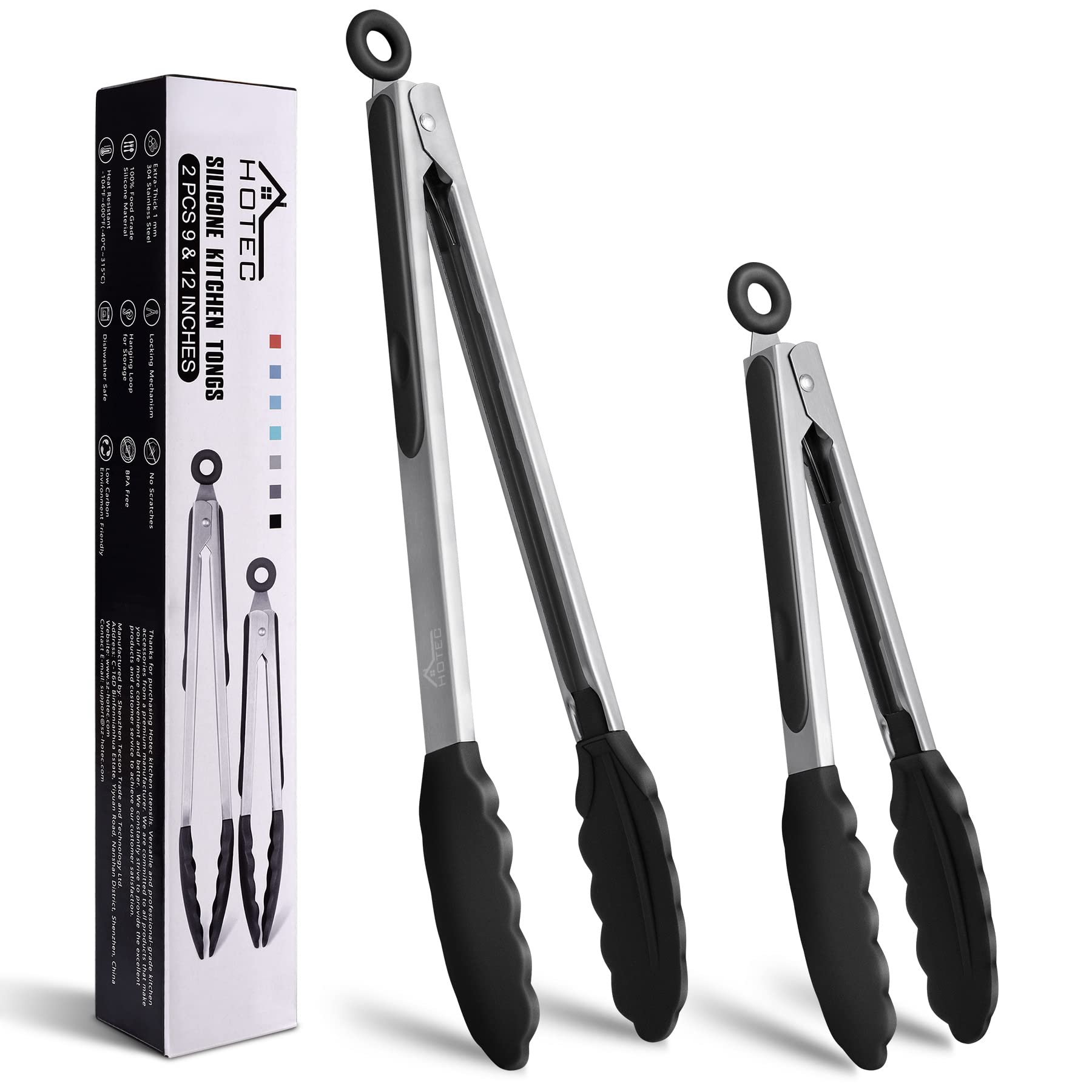 Hotec Premium Stainless Steel Locking Kitchen Tongs With Silicon Tips, Set Of 2-9'' And 12''