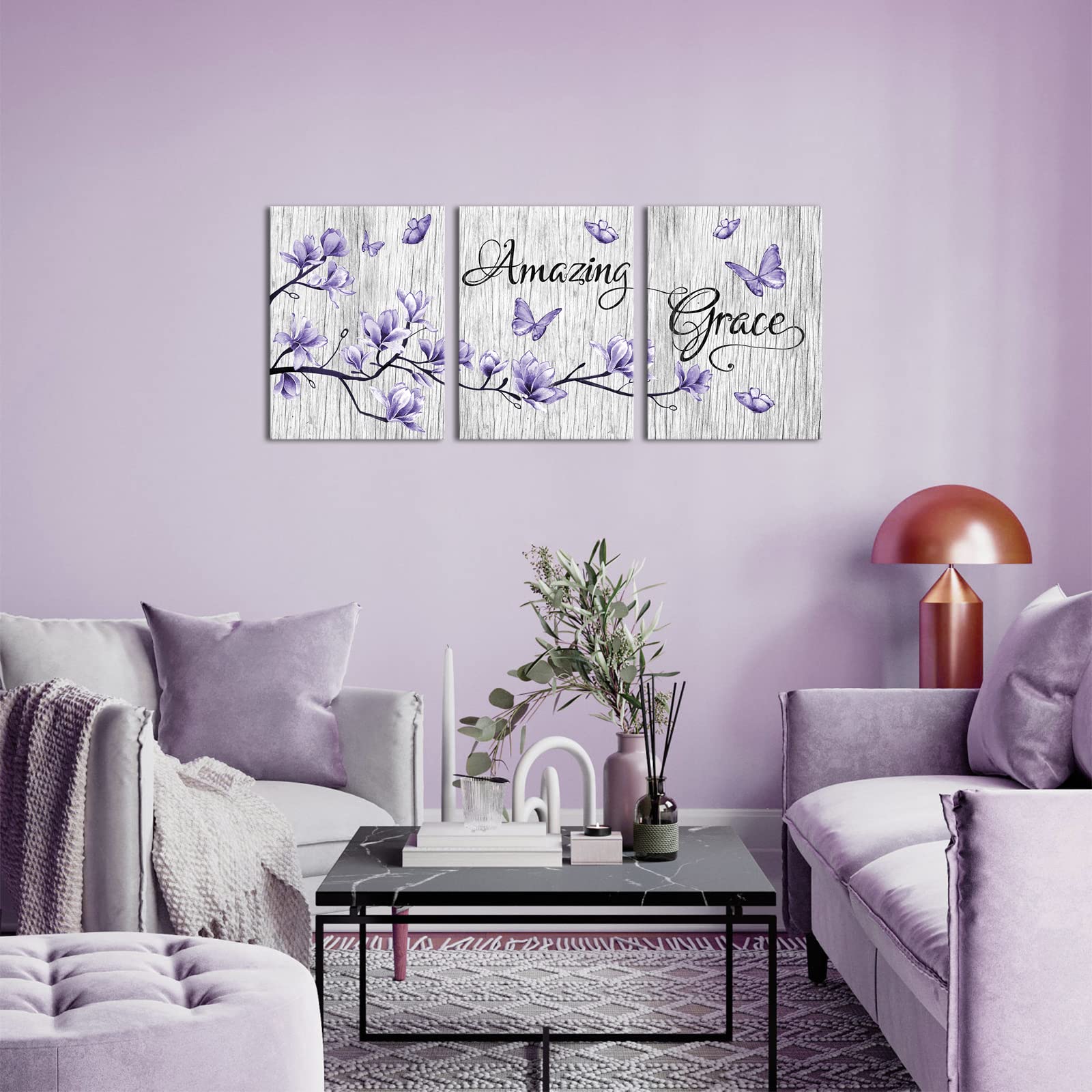 Visual Art Decor Purple Wall Decor Abstract Flowers And Butterfly Painting Purple Canvas Wall Art Amazing Grace Print Bathroom B