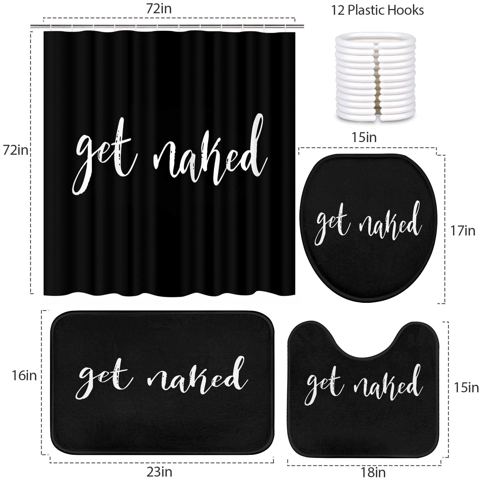 Britimes 4 Piece Shower Curtain Sets  with 12 Hooks  Get Naked Black with Non-Slip Rugs  Toilet Lid Cover and Bath Mat  Durable and Waterproof  for Bathroom Decor Set  72'' x 72''
