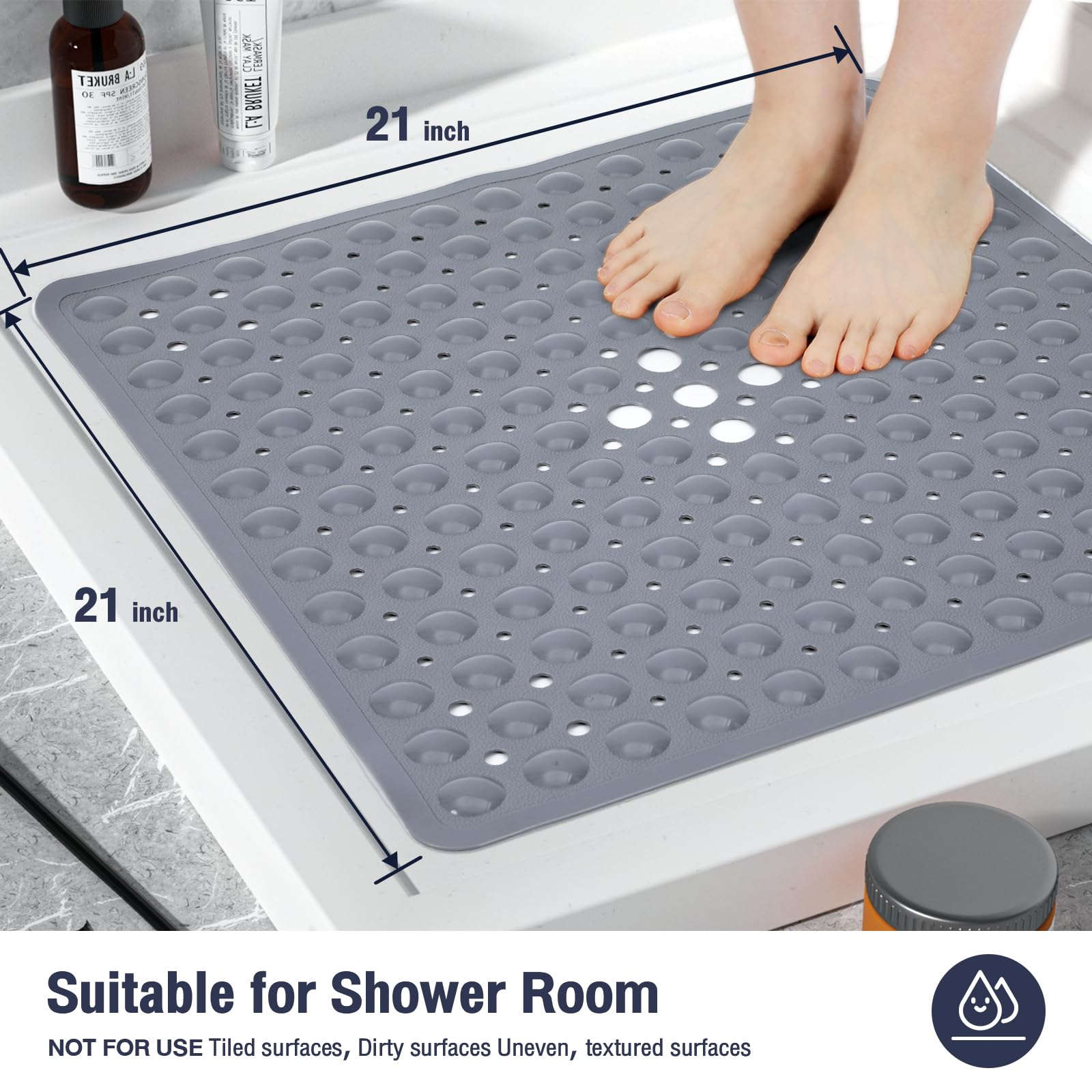 Naoloture Gray Square Shower Bathtub Mat Non Slip 21X21 Inch, Soft Bath Mat For Inside Shower Tub, Shower Stall Mats For Bathroo