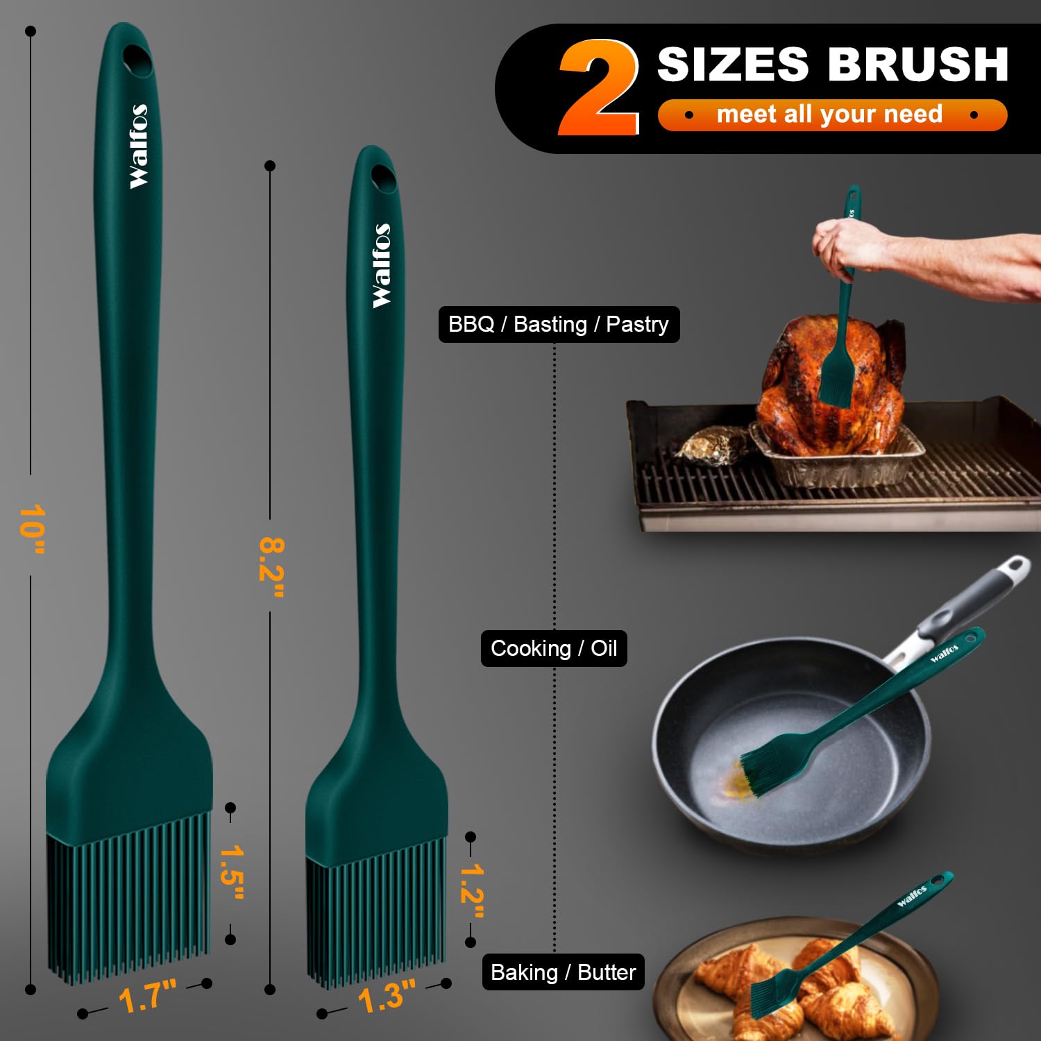 Walfos Silicone Basting Pastry Brush  2 Size (Large and Small) Pastry Brush Set  Perfect for BBQ Grill Kitchen Cooking  BPA Free and Dishwasher Safe  2 Pcs (Ink Green)