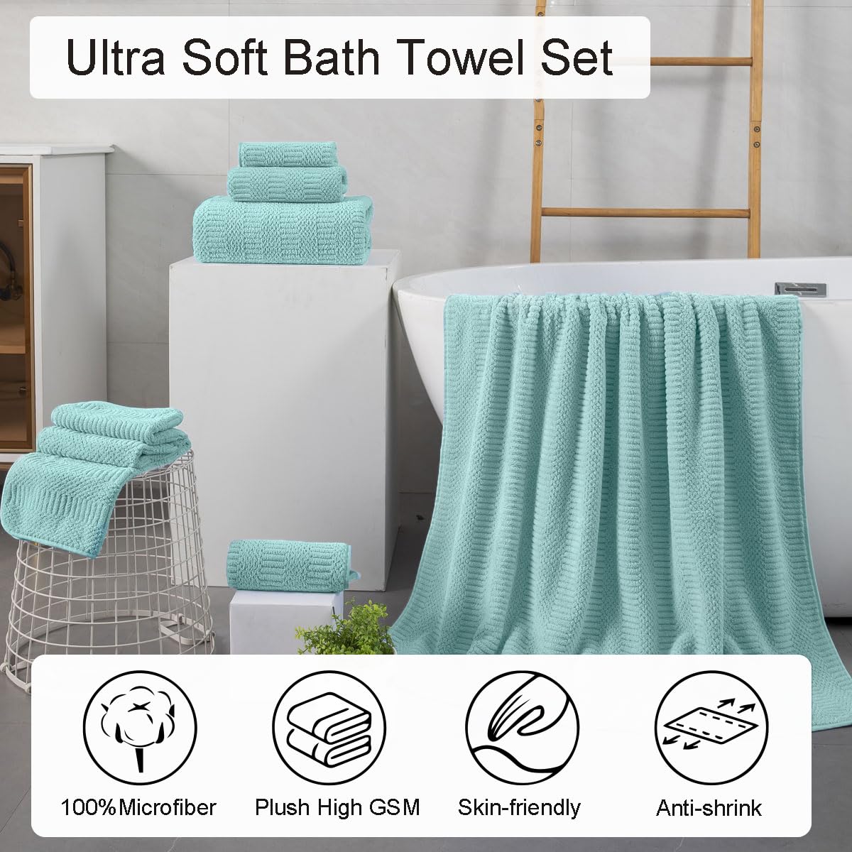 8 Piece Oversized Turquoise Bath Towel Set-2 Extra Large Bath Towel Sheets 2 Hand Towels 4 Washcloths-600GSM Soft Highly Absorbent Quick Dry Beach Chair Towels Woven Towels for Bathroom Hotel and Spa