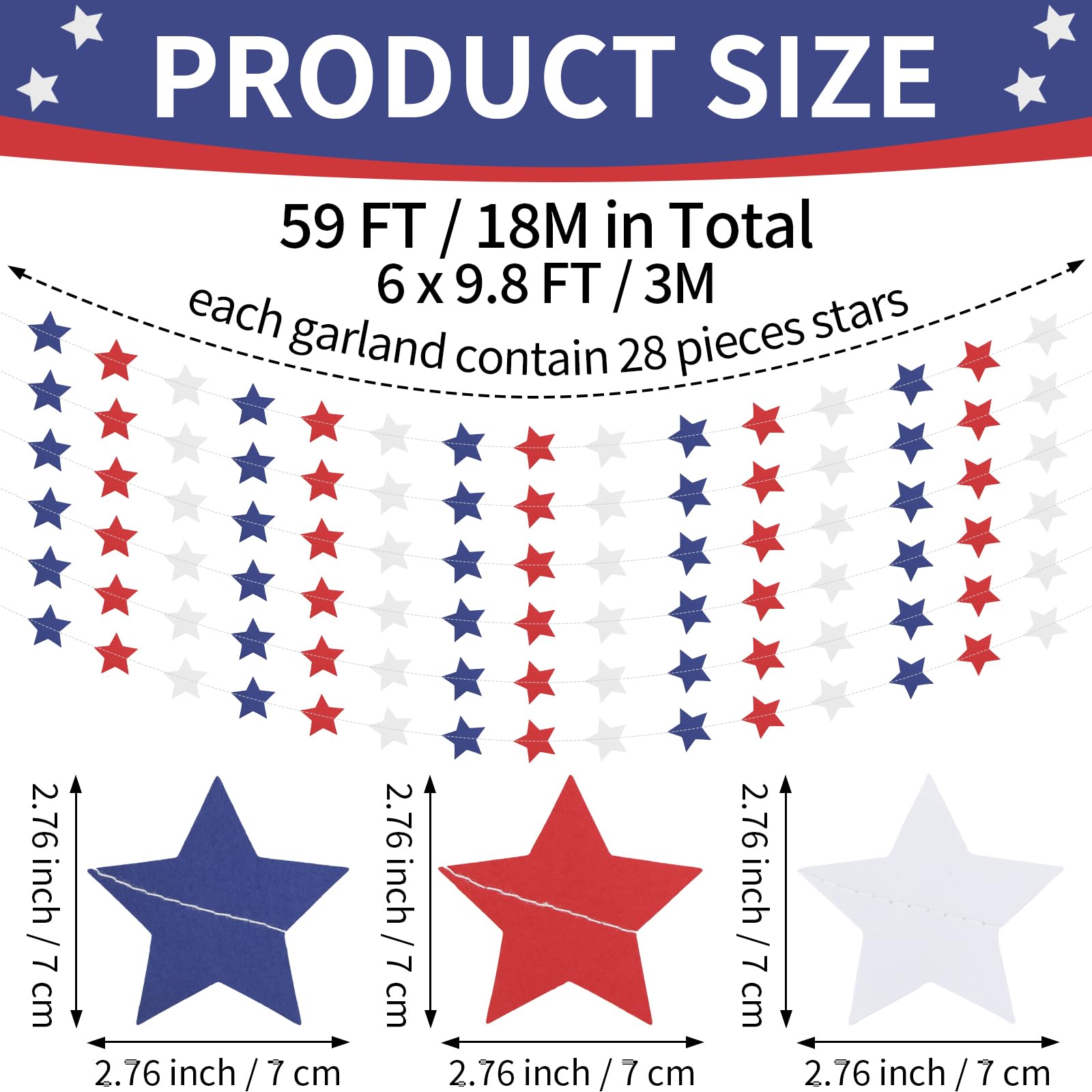 Patriotic Star Garland Banner Streamers Red White and Blue - 59 FT 6 Strands - Patriotic Decorations for 4th of July, Independen