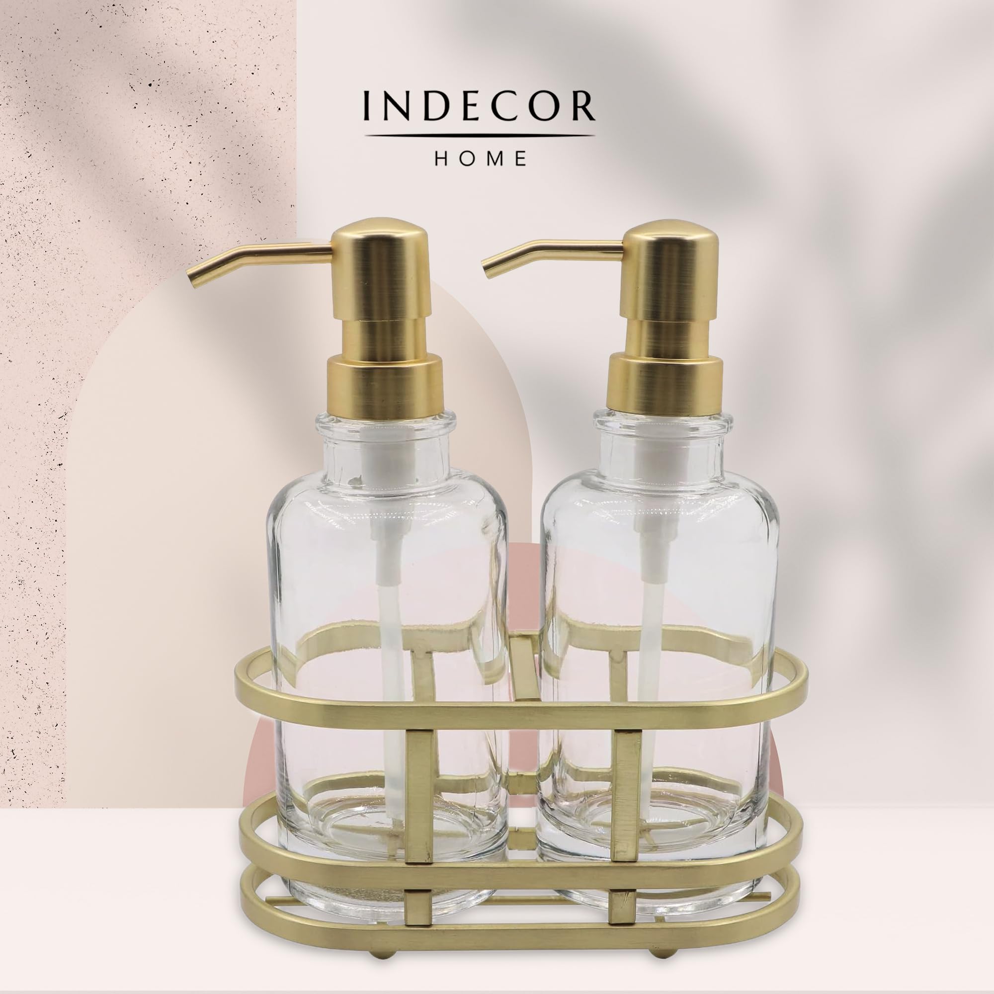 3-Piece Round Heavy Weight Glass Soap Lotion Pump Dispenser Set With Metal Caddy For Home Bath Kitchen Travel Office Hand Crafte