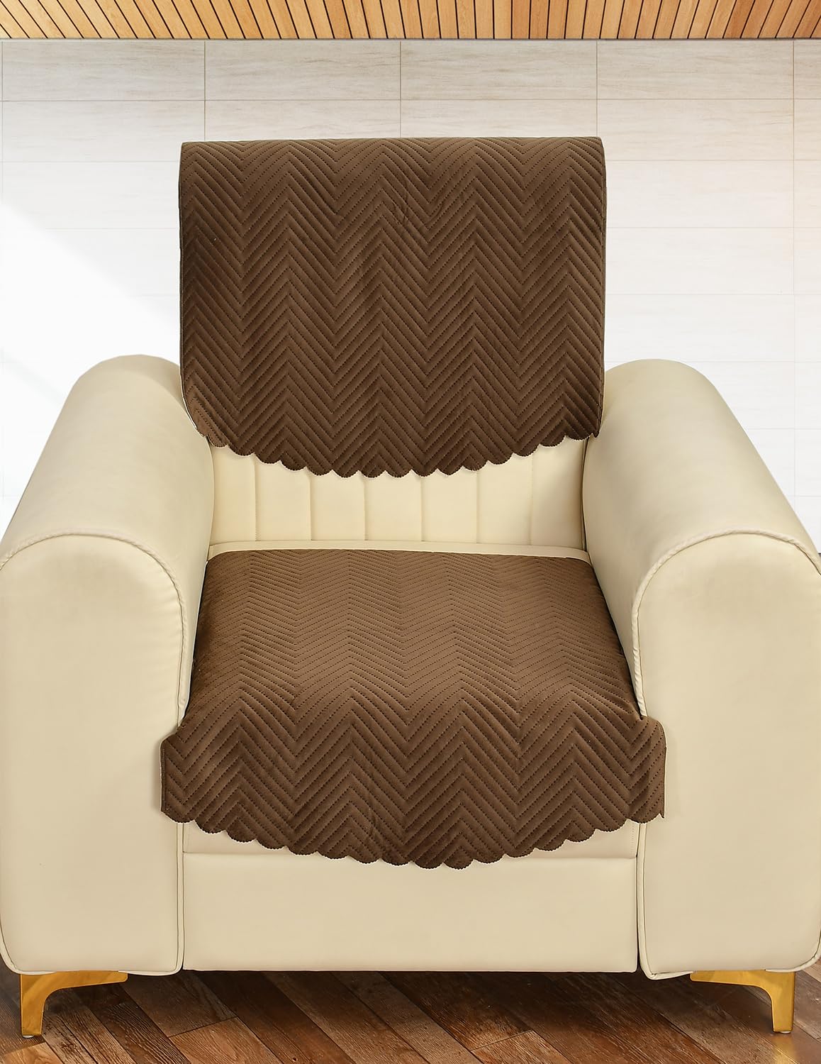Yellow Weaves Velvet 1 Seater Quilted Sofa Chair Cover, Seat & Back Cover, Color - Dark Brown