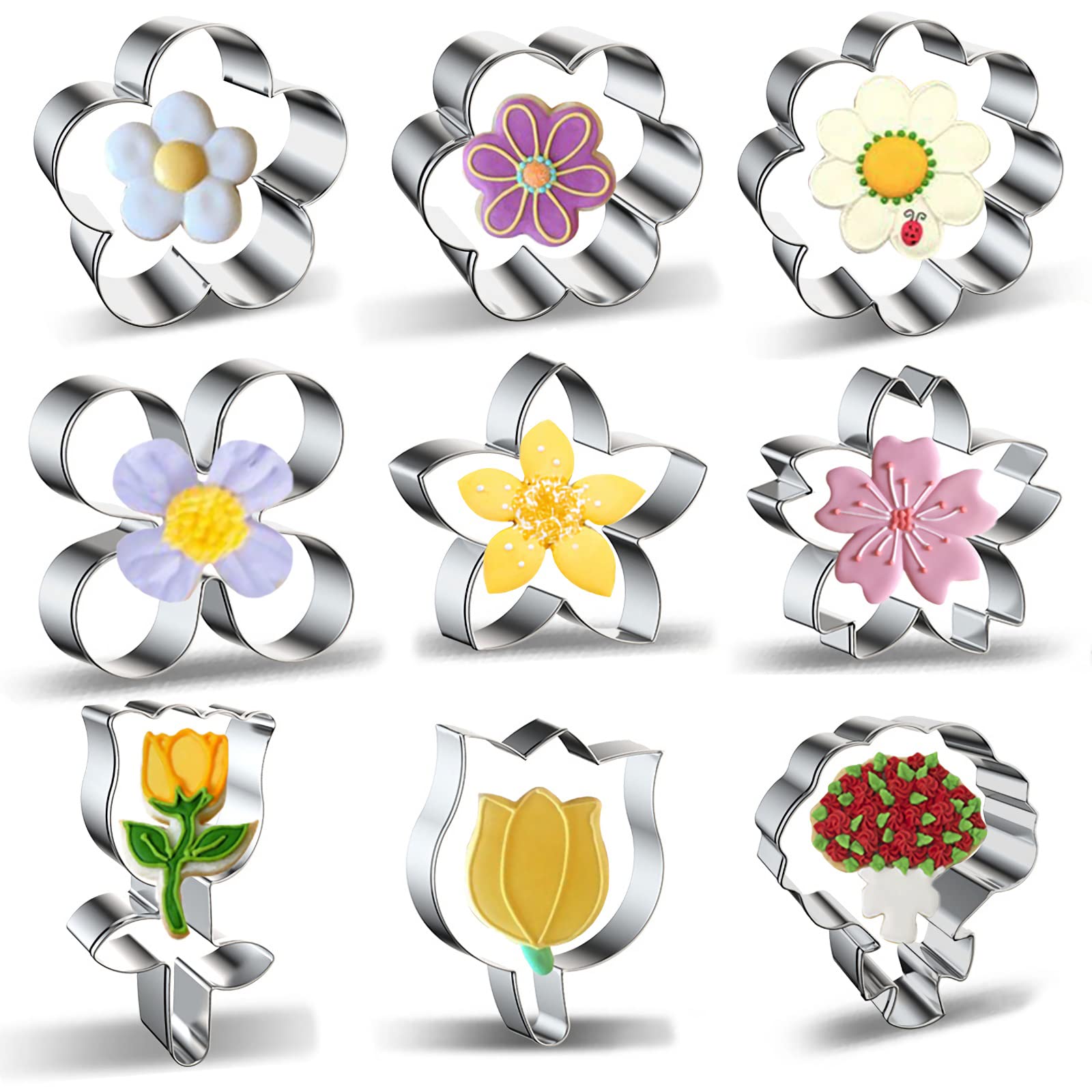 Flower Cookie Cutter Set 9-Piece Rose, Tulip, Lilac, Cherry Blossom, Plum Blossom, Frangipani, Daisy, Sunflower, Bouquet, Scallo