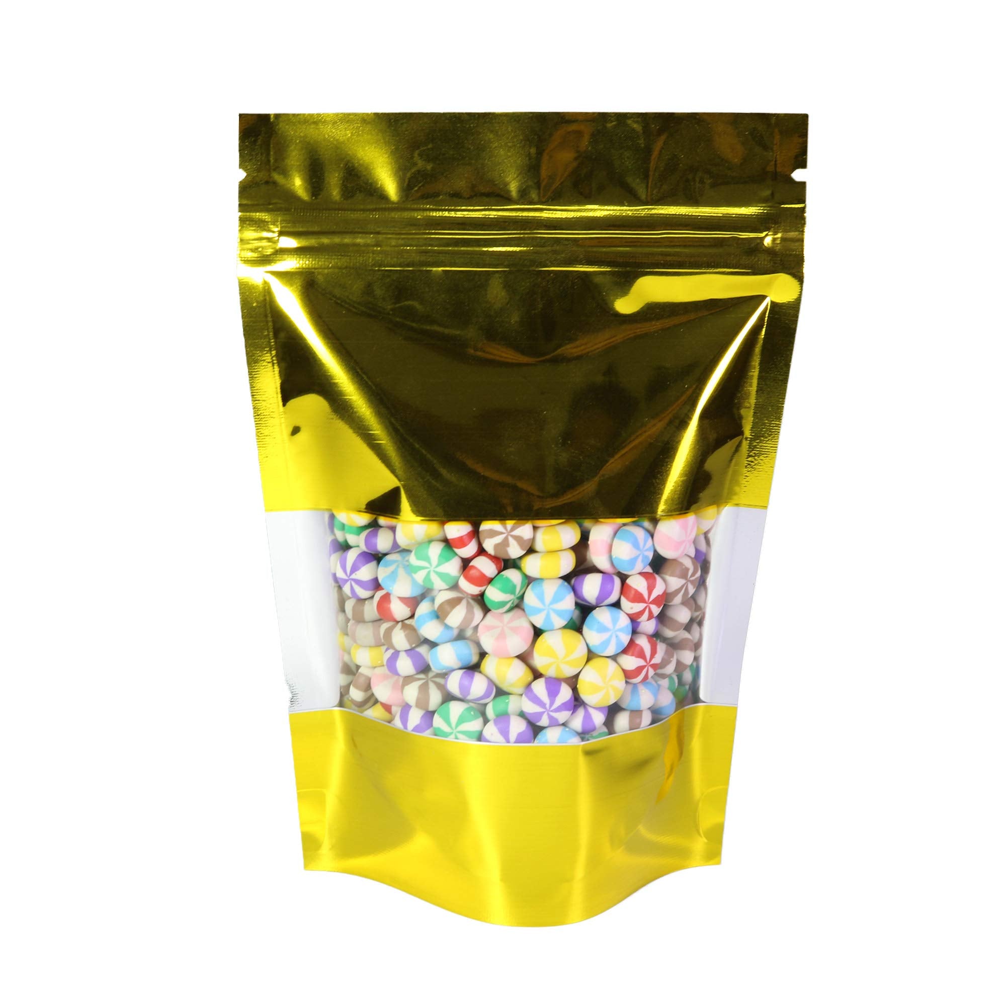 QQ Studio 100 Shiny Colored Aluminum Mylar Foil Clear Window Reclosable QuickQlick Stand-Up Bags (6 x 9, Gold)