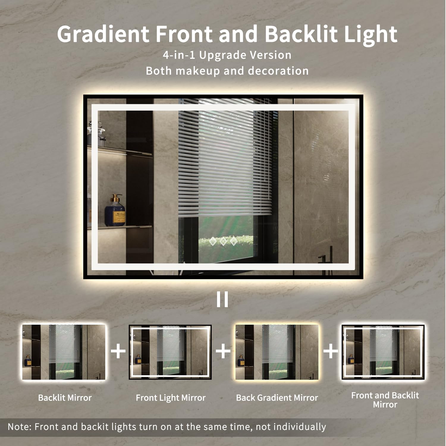 Vanpokins Led Bathroom Mirror, 48X32 Inch Black Framed Gradient Front And Backlit Lighted Bathroom Mirror, 3 Colors Dimmable Cri