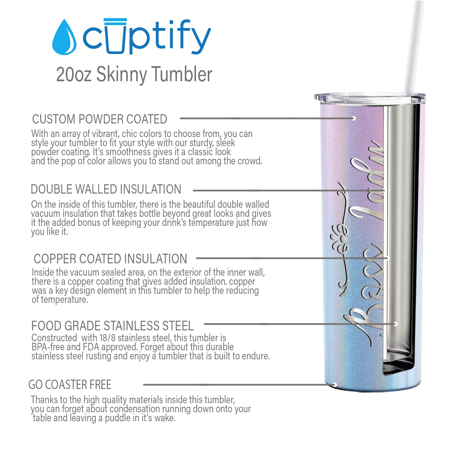 Cuptify Boss Lady Skinny Tumbler With Lid And Straw Laser Engraved On Cotton Candy Glitter 20 Oz Insulated Stainless Steel Birth