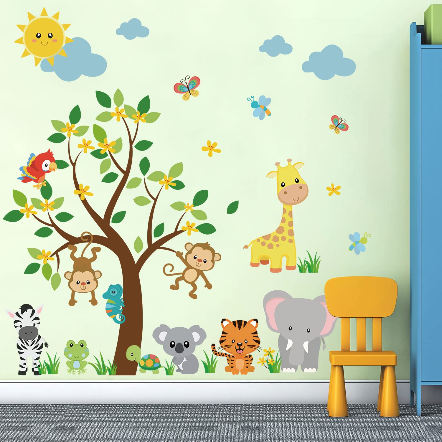 Supzone Jungle Animal Wall Stickers Monkey Tree Wall Decals Elephant Giraffe Tiger Wall Sticker For Kids Girls Boy Baby Nursery