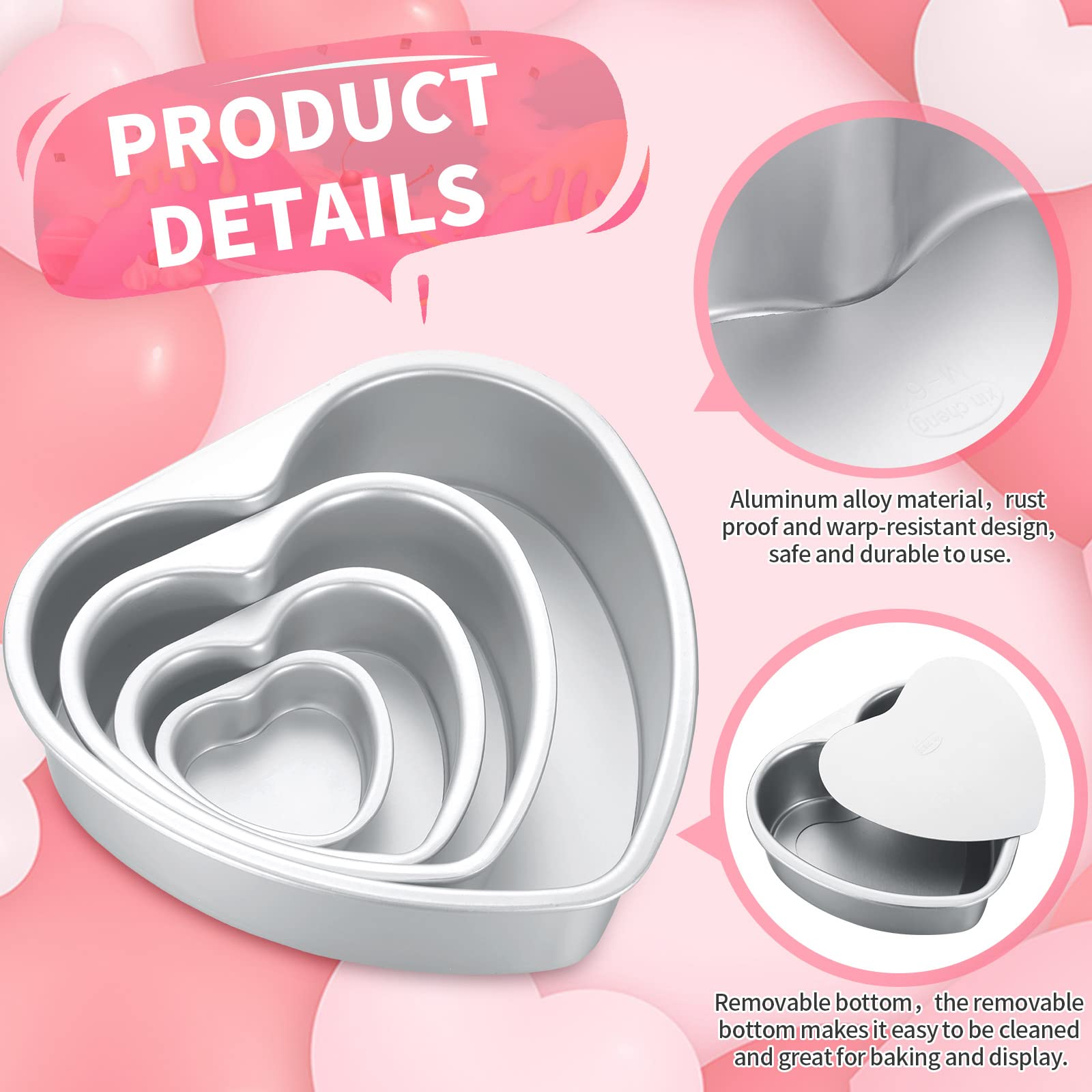 Sieral 7 Pcs Aluminum Heart Shaped Cake Pans Set 3/4/ 5/6/ 8/10 Inch Diy Nonstick Baking Pan With Removable Bottom Cake Dessert
