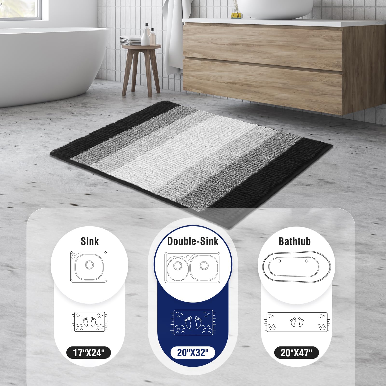 Techmilly Soft Fluffy Chenille Bathroom Rugs, Non Slip Absorbent Bath Mats For Bathroom, Washable And Quick Dry, Gradient Black,