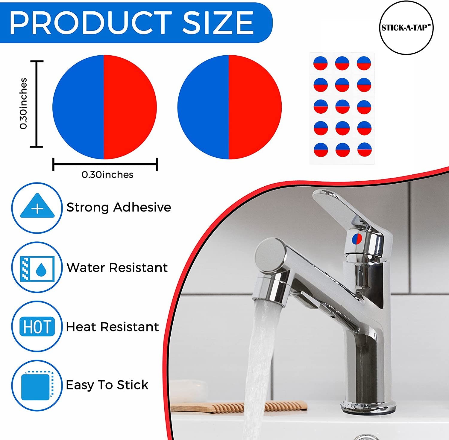 Danojo Faucet Stickers, 15 Hot And Cold Water Stickers - Kitchen Faucet Stickers - Red & Blue Vinyl Tap Faucet Transfer Stickers