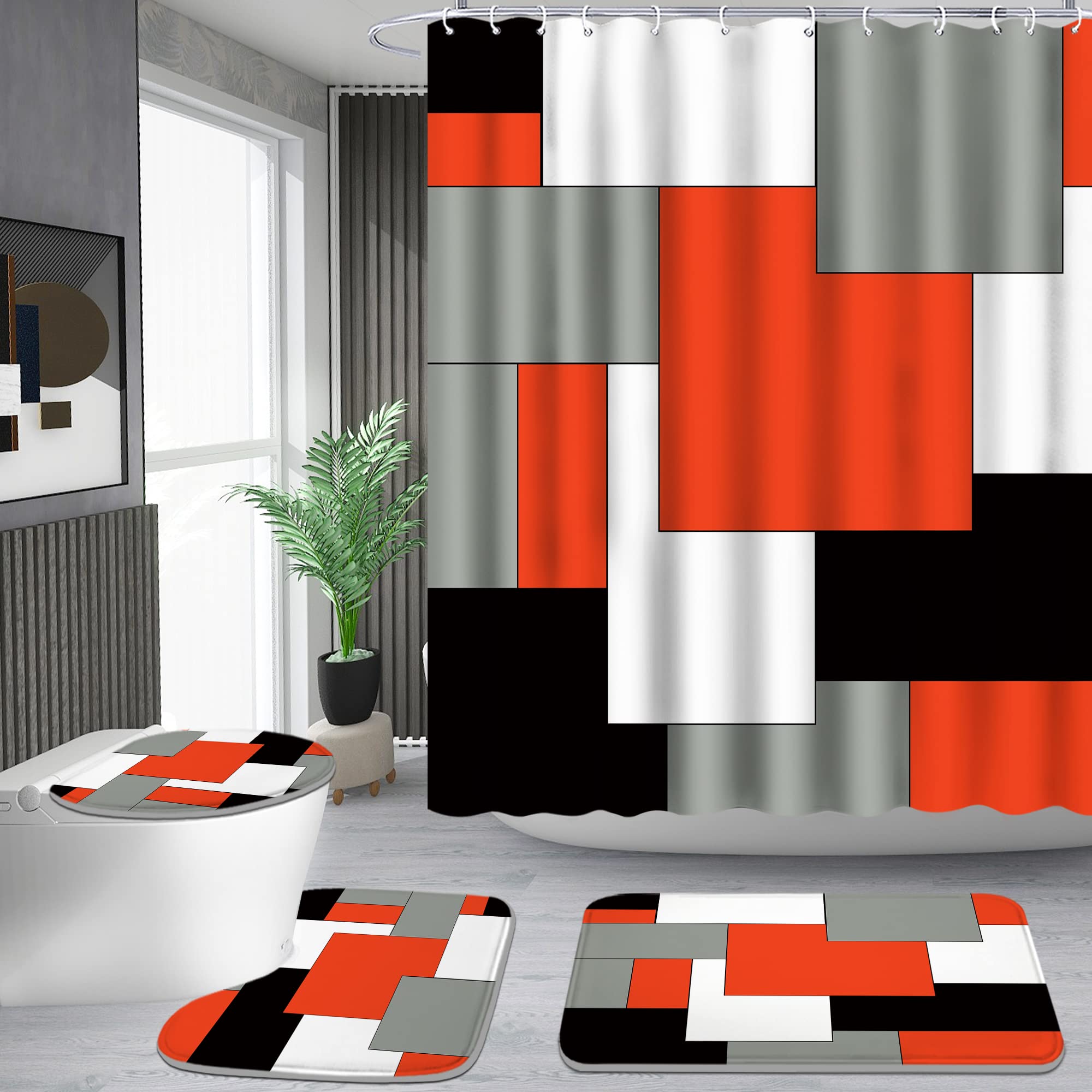 Poedist 4 Pcs Bathroom Decor Shower Curtain Set With Rugs And Accessories,Red And Black Geometric Squares Shower Curtain Sets In